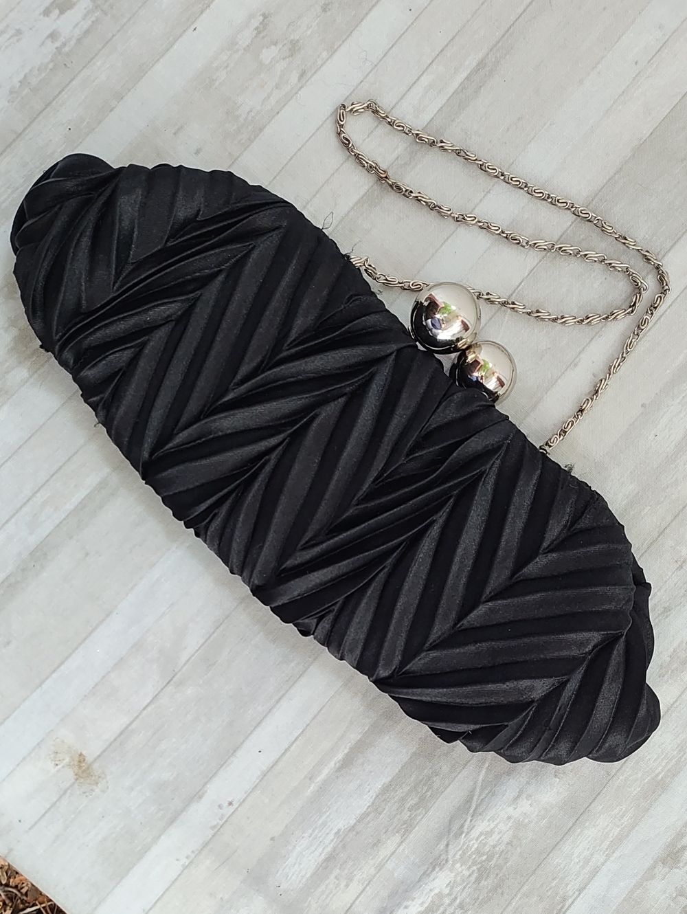 Vintage 90s Jessica McClintock Black Satin Pleated Evening Clutch Silver Chain
